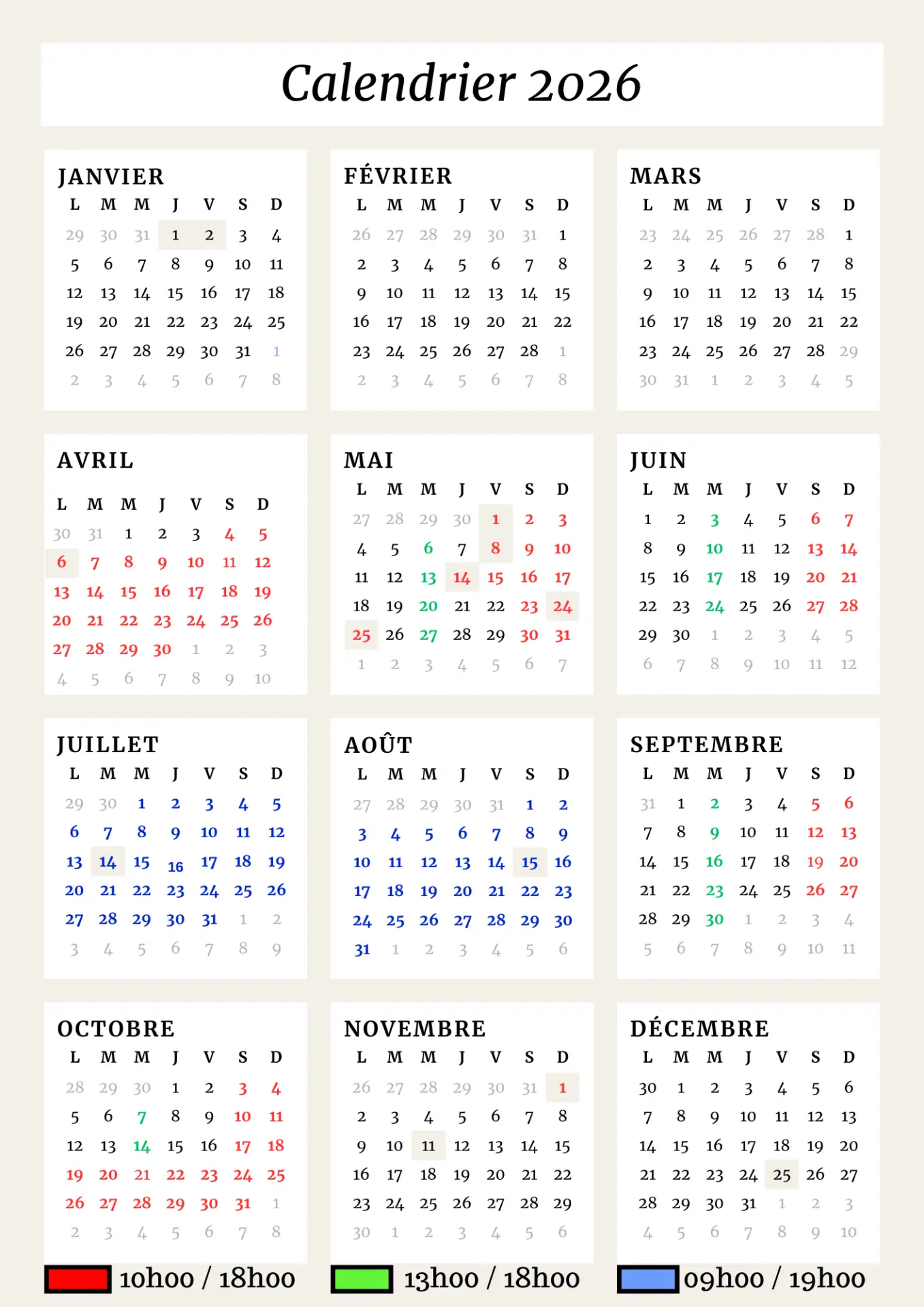 Calendrier annuel 2026 minimaliste beige